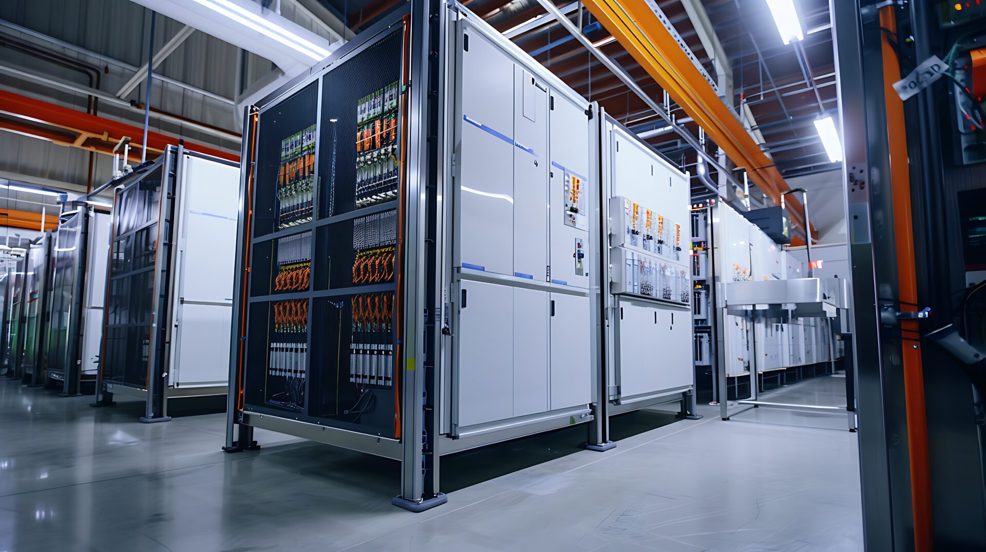 A high-efficiency supercapacitor energy storage system, set up in an industrial facility, with engineers monitoring the system's real-time performance through digital dashboards