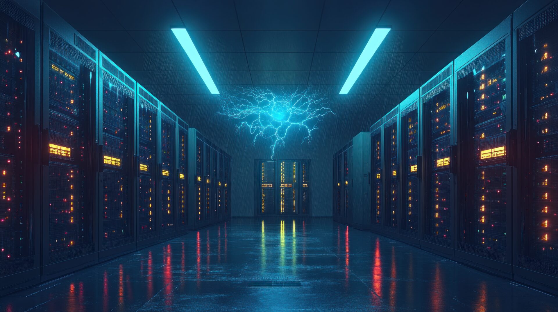 Futuristic server room with energy surge.